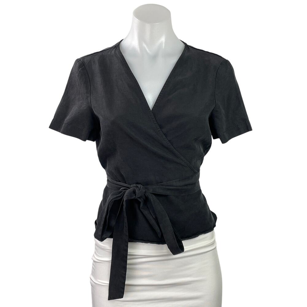 & Other Stories Womens Black Faux Wrap Short Sleeves Tie Waist Blouse Top Size 8